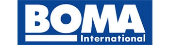 A blue and white logo for the dom international.