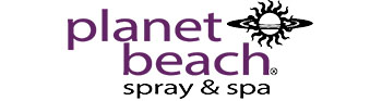 A purple and black logo for planet peach spray & spa.